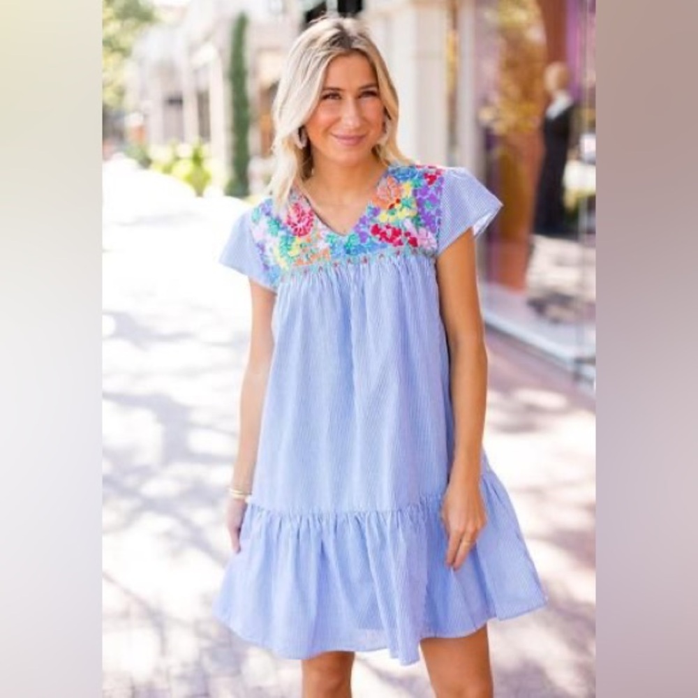 J Marie Blue Seersucker Striped Dress with Floral Embroidery-Perfect for Summer